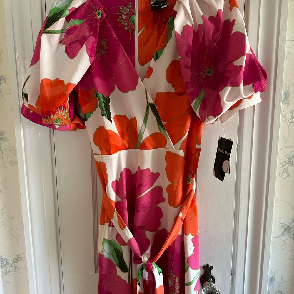 Maison Tara Floral Midi Dress - Pink, Orange, Green